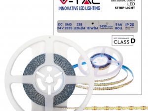 V-TAC Strip LED SMD2835 18W/m 5m 238 LED/m 135LM/W 24V 3000K IP20 10mm