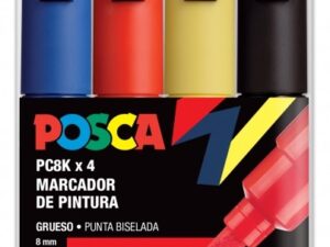 Pennarelli a vernice Posca PC-8K, confezione da 4 - Punta a scalpello in acrilico da 8 mm - Inchiostro a base d'acqua - Non permanenti - Resistenti alla luce - Inodori - Ideali per segnaletica e decorazione - Colori assortiti